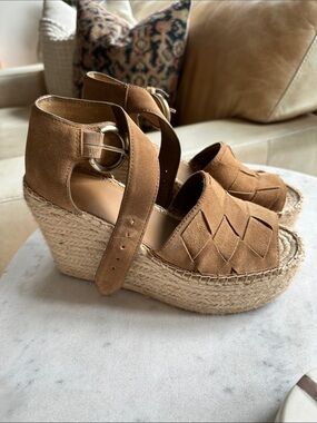 Suede Espadrille Wedge Sandals in Tan with Ankle Strap